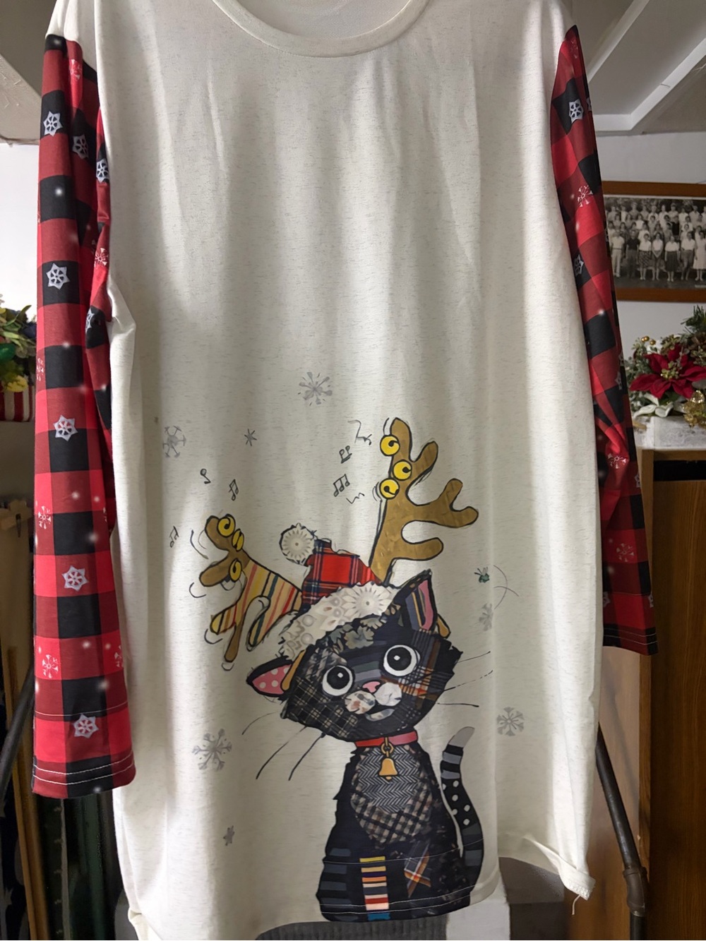 Kids Holiday Cat Plaid Long-Sleeve Top - Red Buffalo Check Sleeves